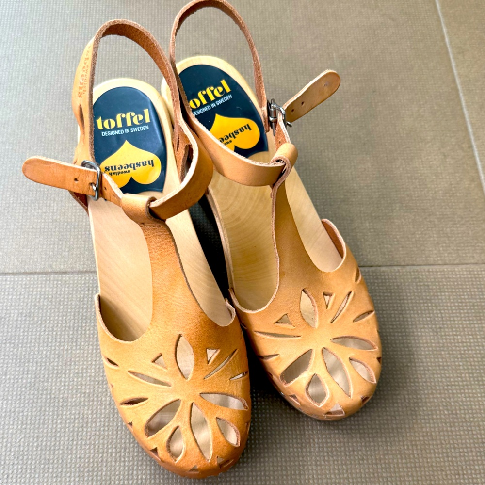 Swedish Hasbeens Lacy Clog Women 39 Natural Leather Mary Jane Wood Heels